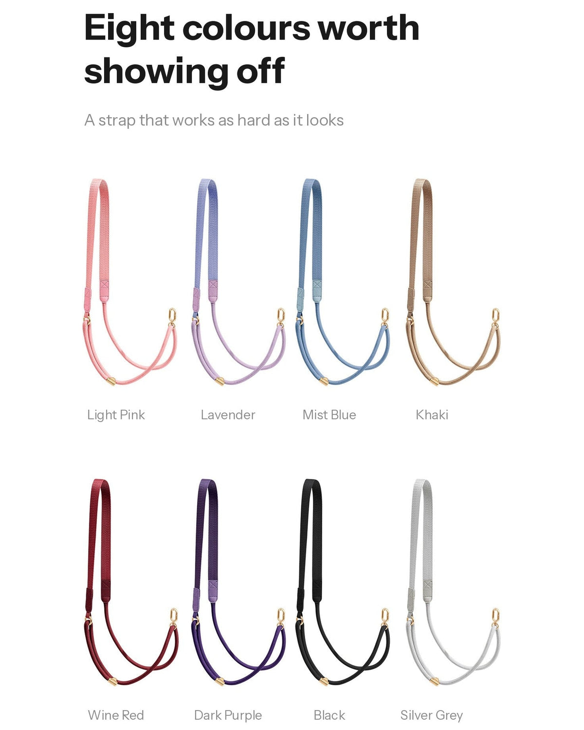 A color-options graphic showing eight strap colors labeled Light Pink, Lavender, Mist Blue, Khaki, Wine Red, Dark Purple, Black, and Silver Grey, each displayed as a strap with gold-tone hardware on a white background under the headline 'Eight colours worth showing off'.