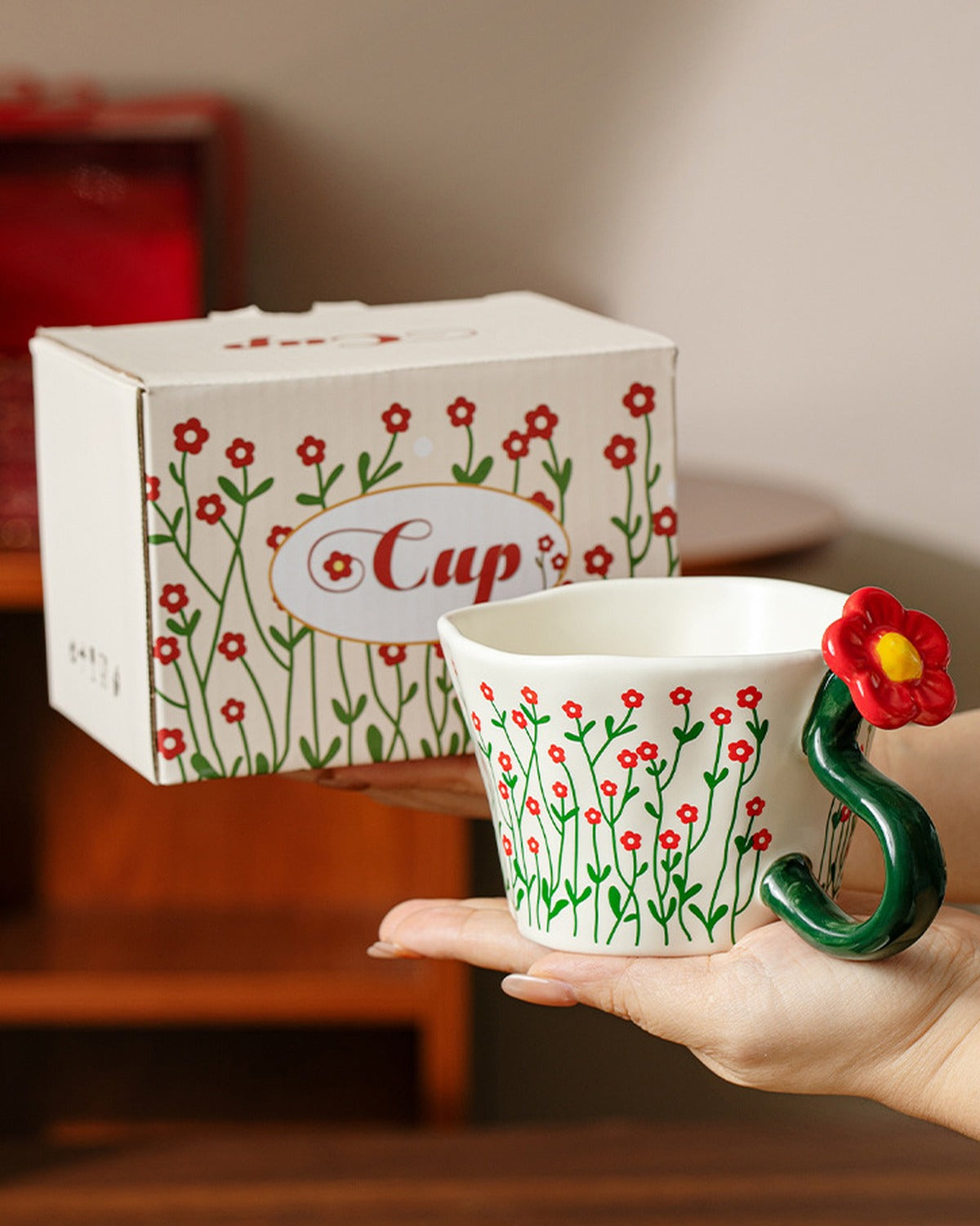 Red Blossom Ceramic Mug with Heart & Flower Handle – 300ml Gift Box