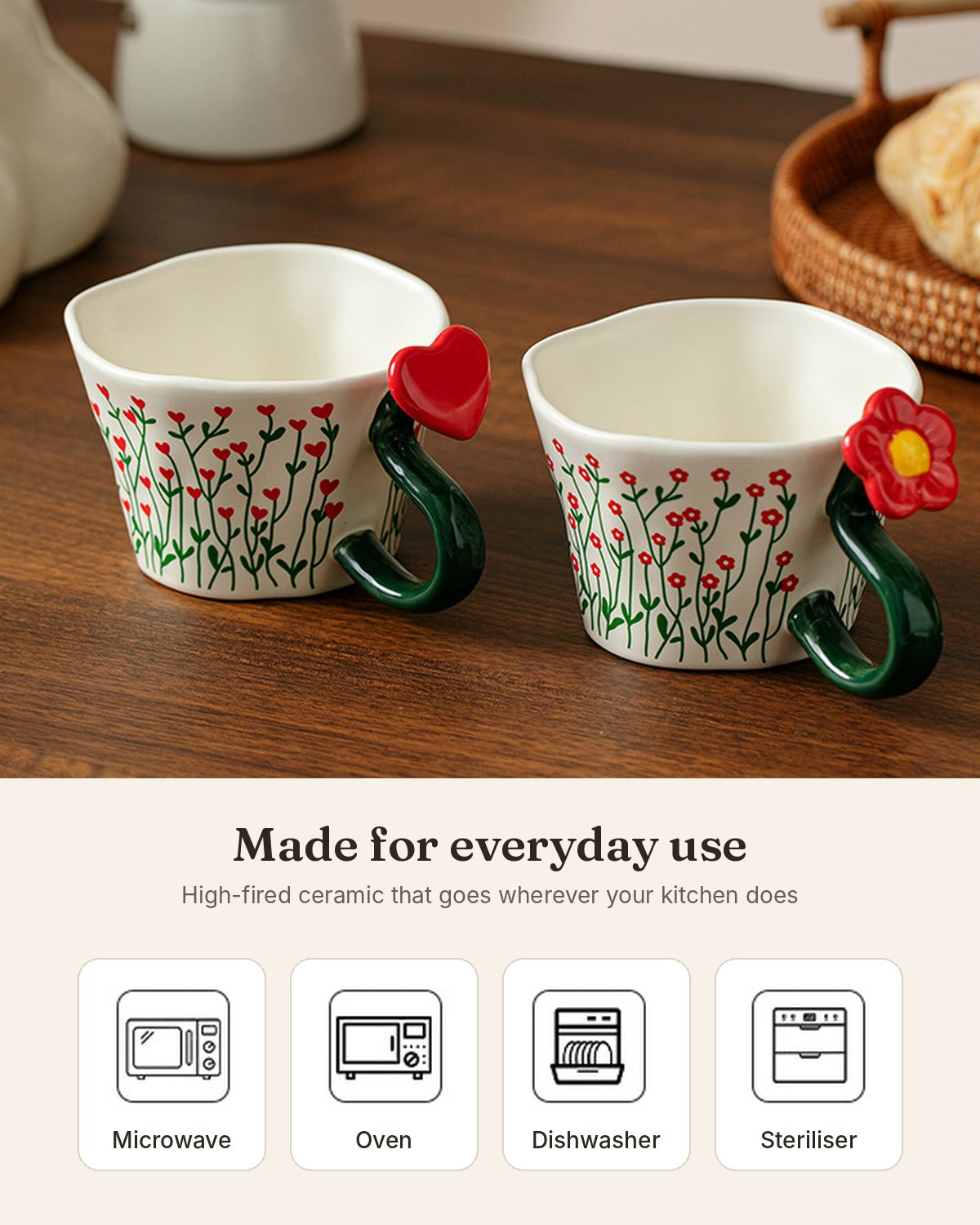 Red Blossom Ceramic Mug with Heart & Flower Handle – 300ml Gift Box