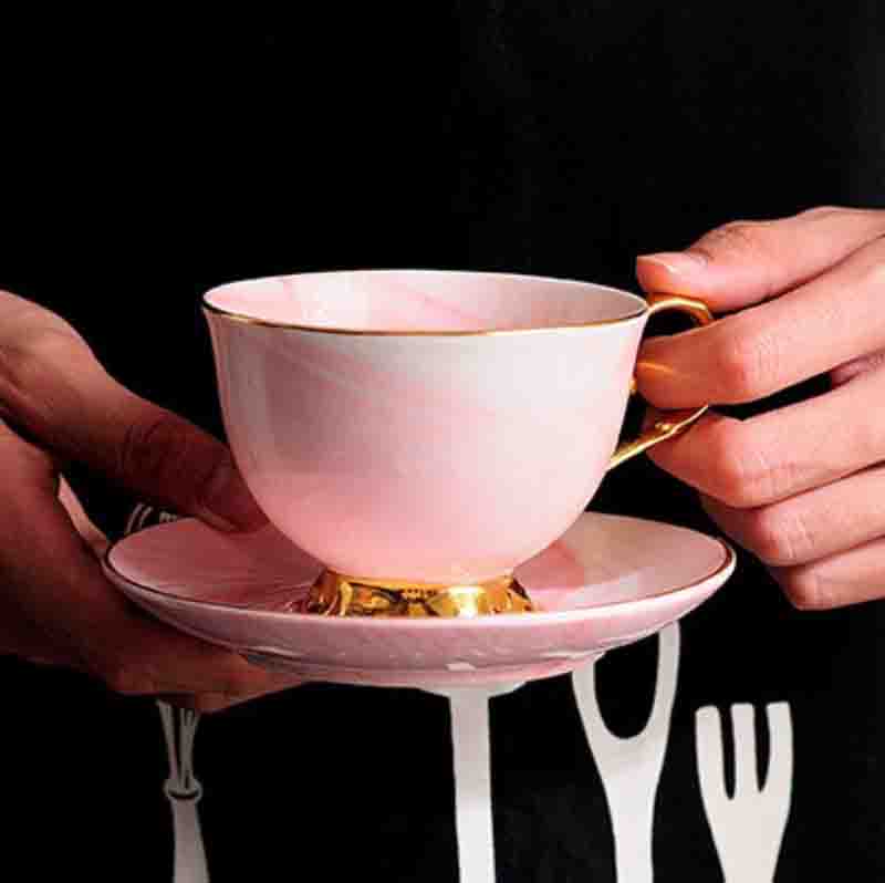 Elegant Marble Ceramic Teacup & Saucer Set