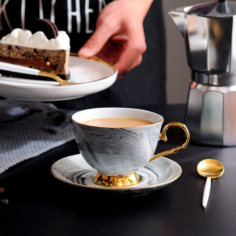 Elegant Marble Ceramic Teacup & Saucer Set