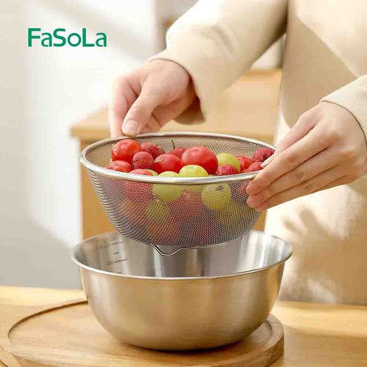 FaSoLa Stainless Steel Drain Bowl Set – Nesting Mixing Bowls with Strainer