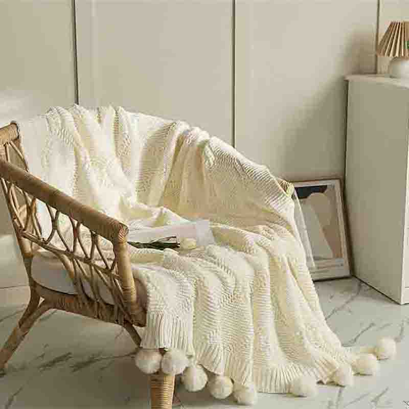 Knitted Throw Blanket with Pom Pom - Milk