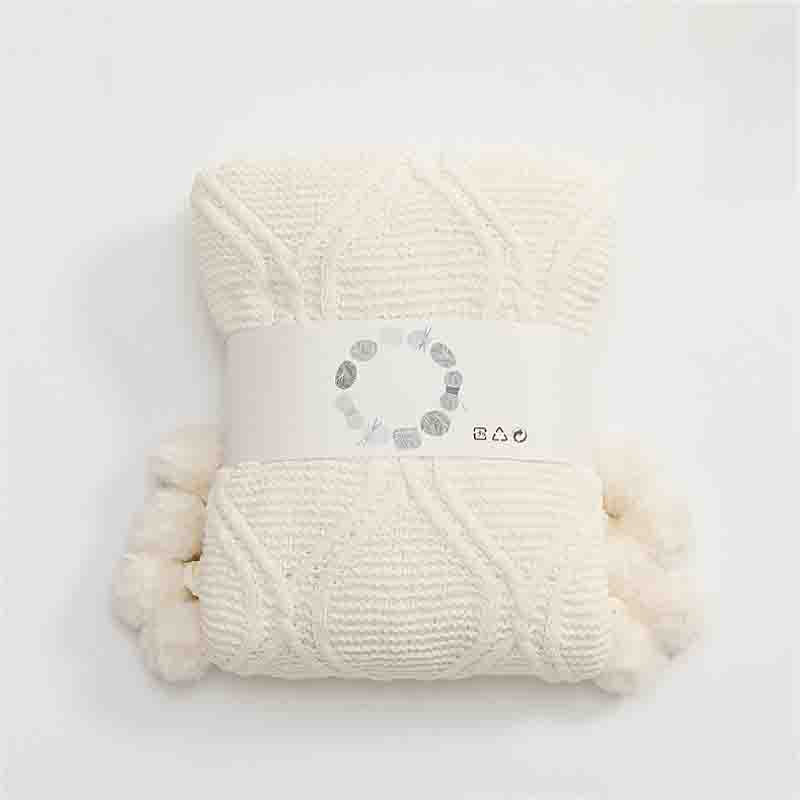 Knitted Throw Blanket with Pom Pom - Milk