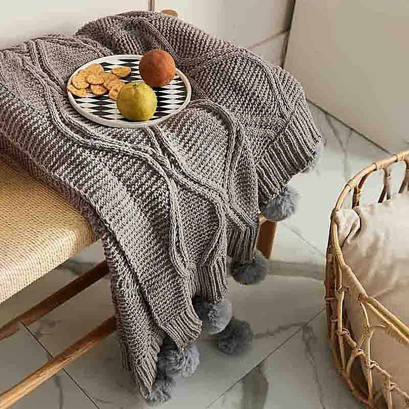 Knitted Throw Blanket with Pom Pom - Grey