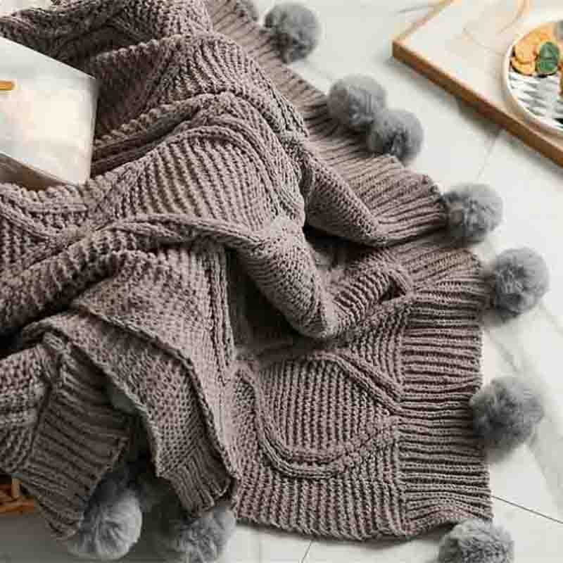 Knitted Throw Blanket with Pom Pom - Grey