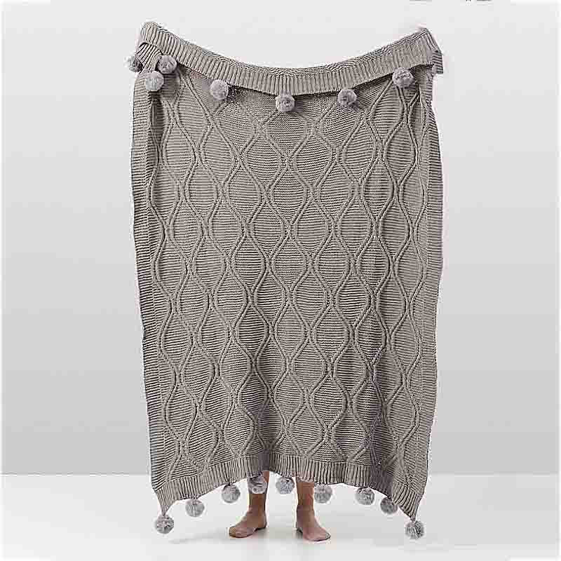 Knitted Throw Blanket with Pom Pom - Grey