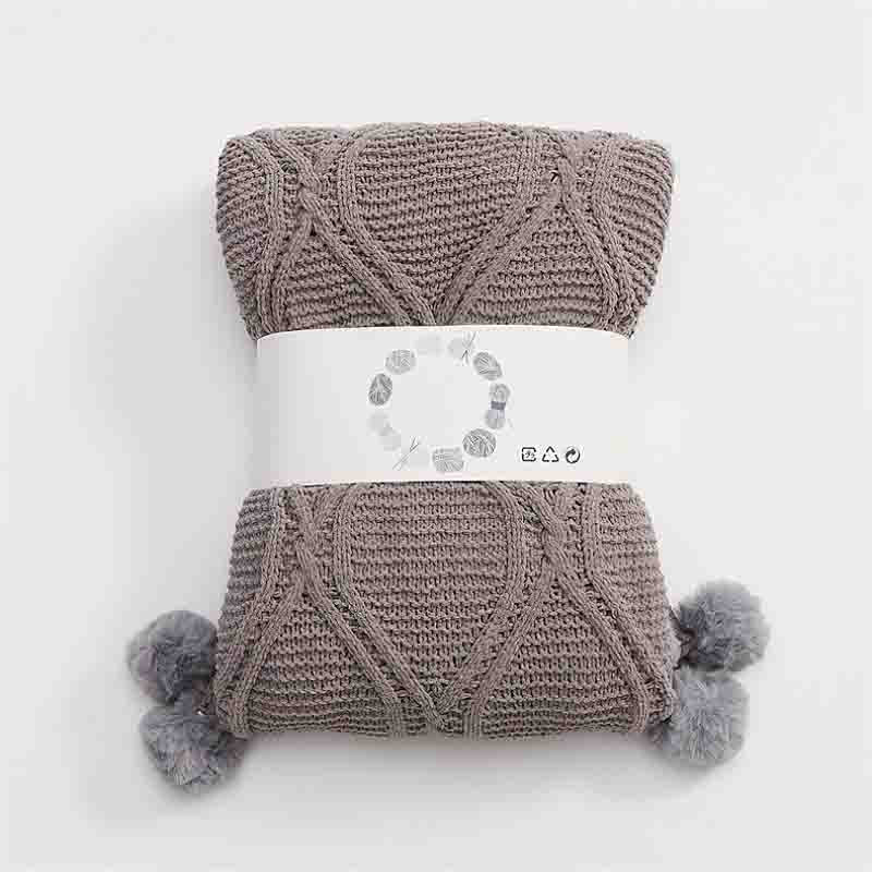 Knitted Throw Blanket with Pom Pom - Grey