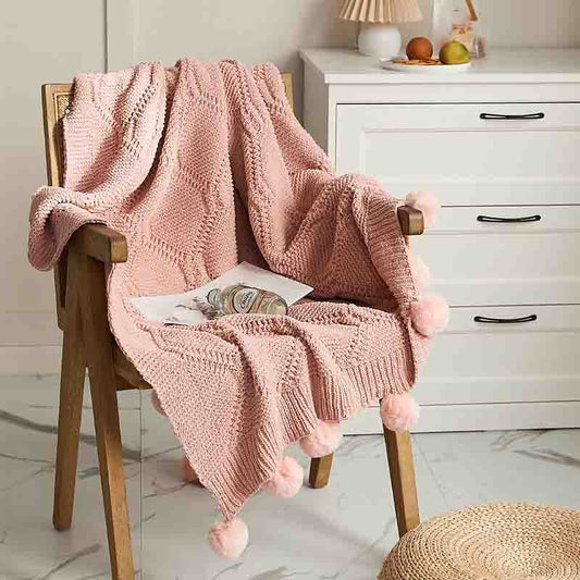 Knitted Throw Blanket with Pom Pom - Pink