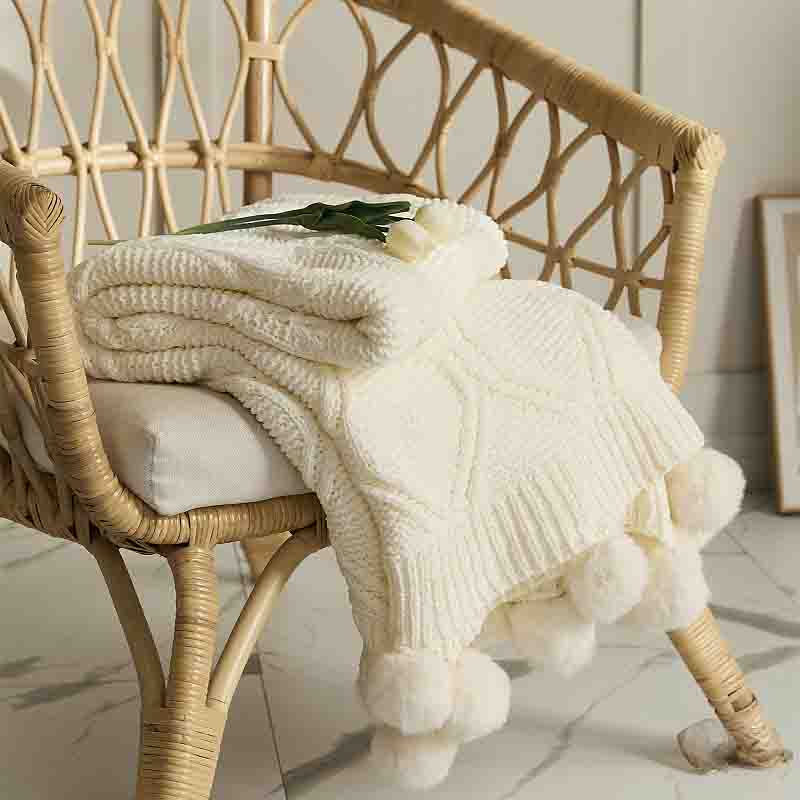 Knitted Throw Blanket with Pom Pom - Milk