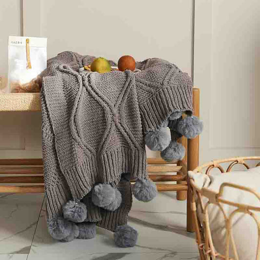 Knitted Throw Blanket with Pom Pom - Grey