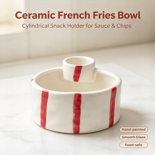 Striped ceramic fries bowl with built-in dip cup