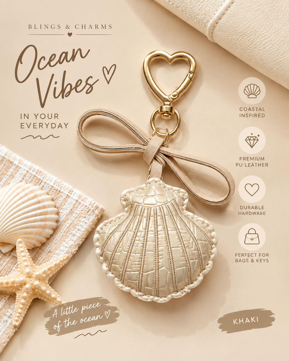 Ocean Shell PU Leather Keychain & Bag Charm | Coastal Chic Pendant Keyring
