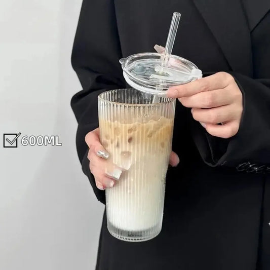 Stripe Glass Cups with Lid and Glass Straw, 600ml