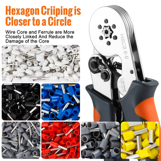 WOZOBUY Ferrule Crimping Tool Kit – Adjustable Ratchet Wire Crimper with Ferrule Terminals (23–10 AWG / 0.25–6mm²)