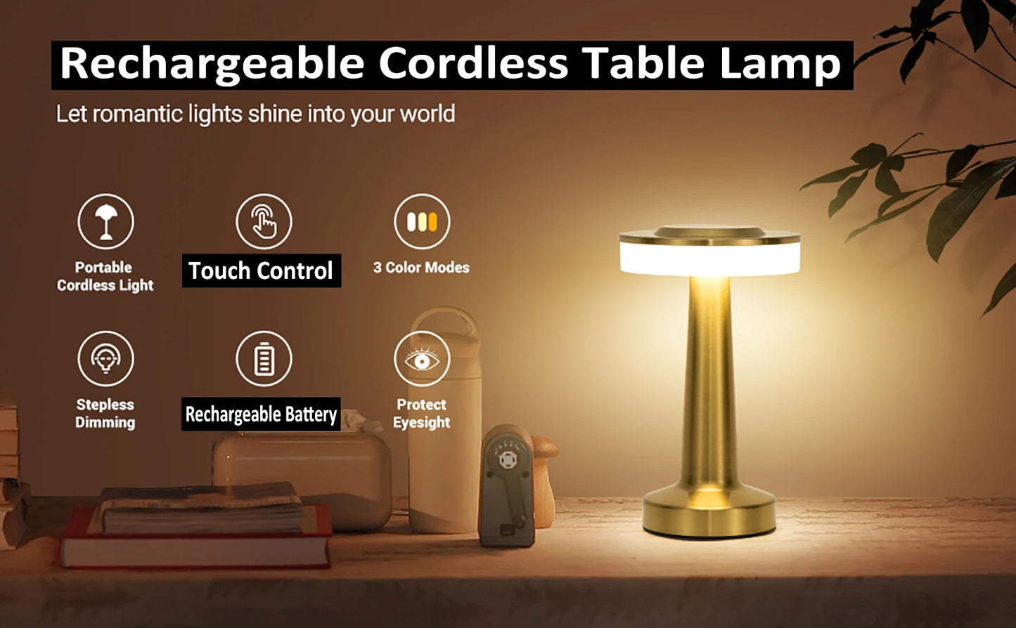 Retro LED Table Lamp - USB Rechargeable, Dimmable Night Light for Home, Bar, and More