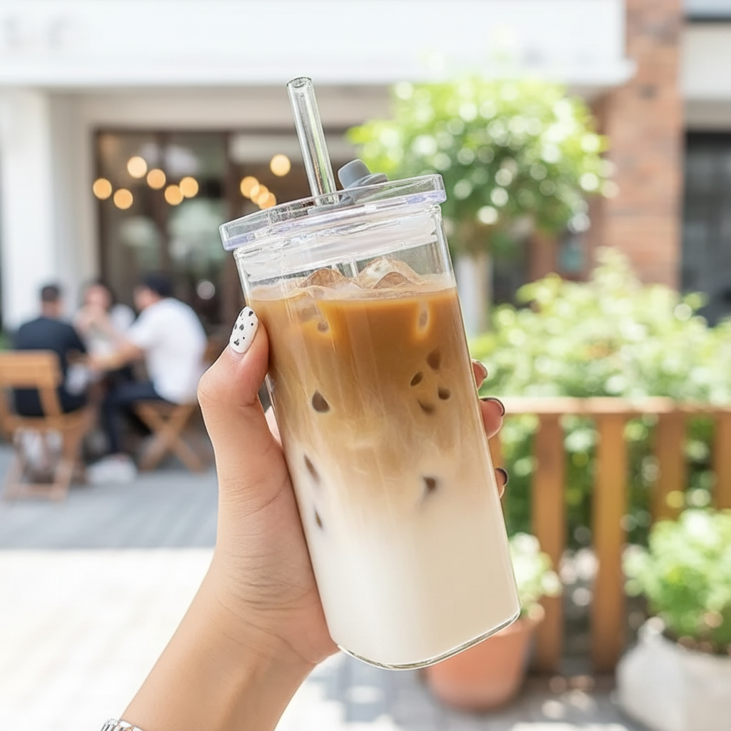 Square Glass Mug with Lid & Reusable Glass Straw