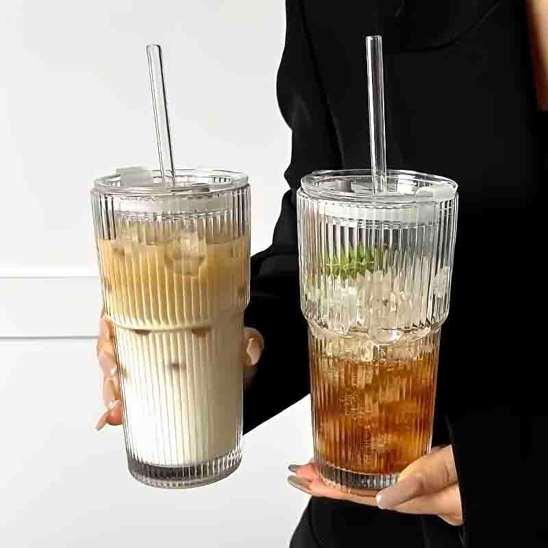 Stripe Glass Cups with Lid and Glass Straw