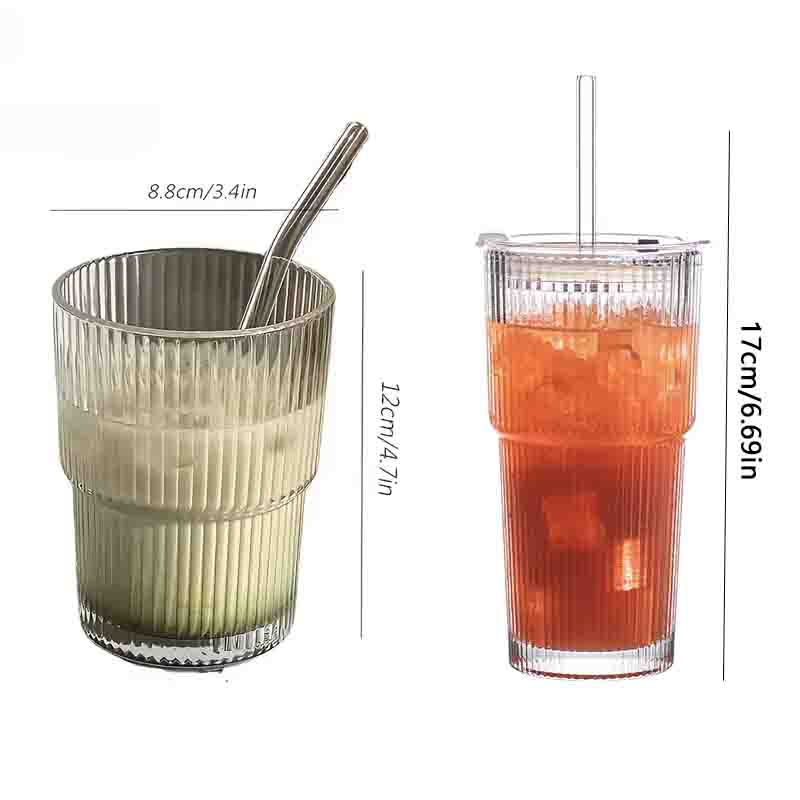 Stripe Glass Cups with Lid and Glass Straw