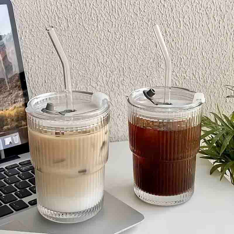 Stripe Glass Cups with Lid and Glass Straw