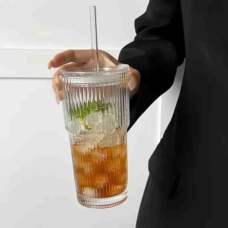 Stripe Glass Cups with Lid and Glass Straw