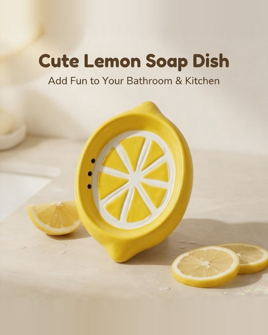 Lemon-shaped ceramic soap dish standing upright with fresh lemon slices