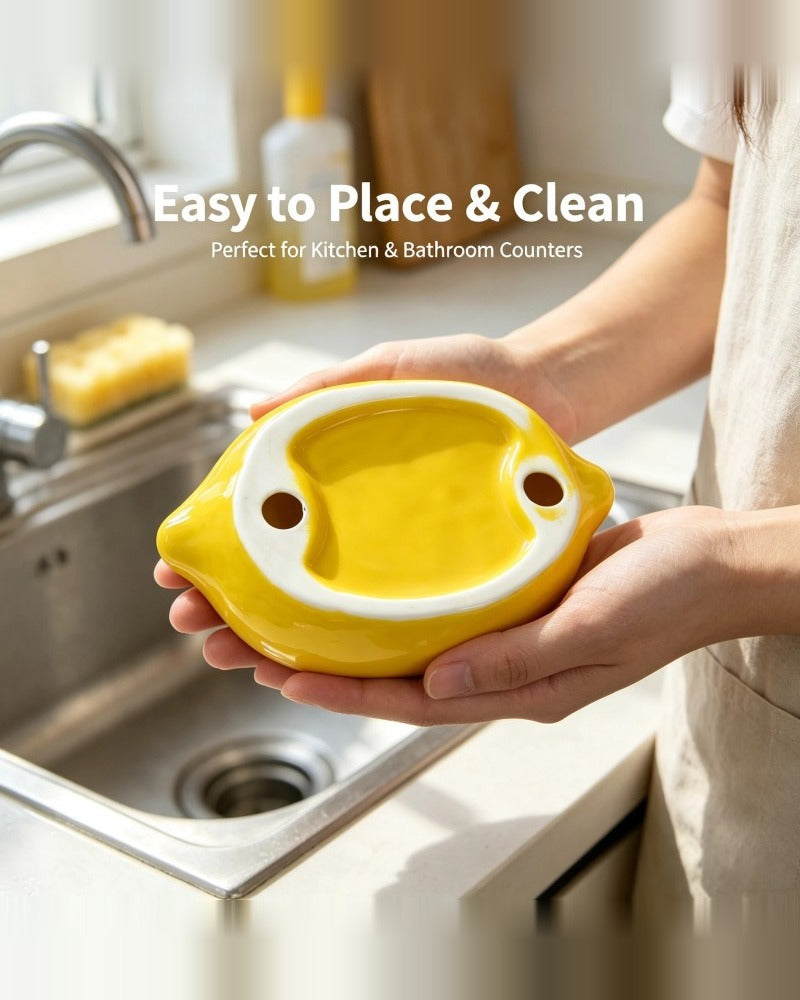 Hands holding lemon soap dish over a kitchen sink