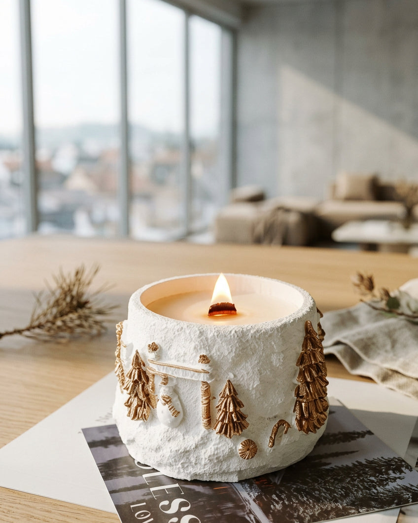 Lit Snow Village Christmas candle with wooden wick flame