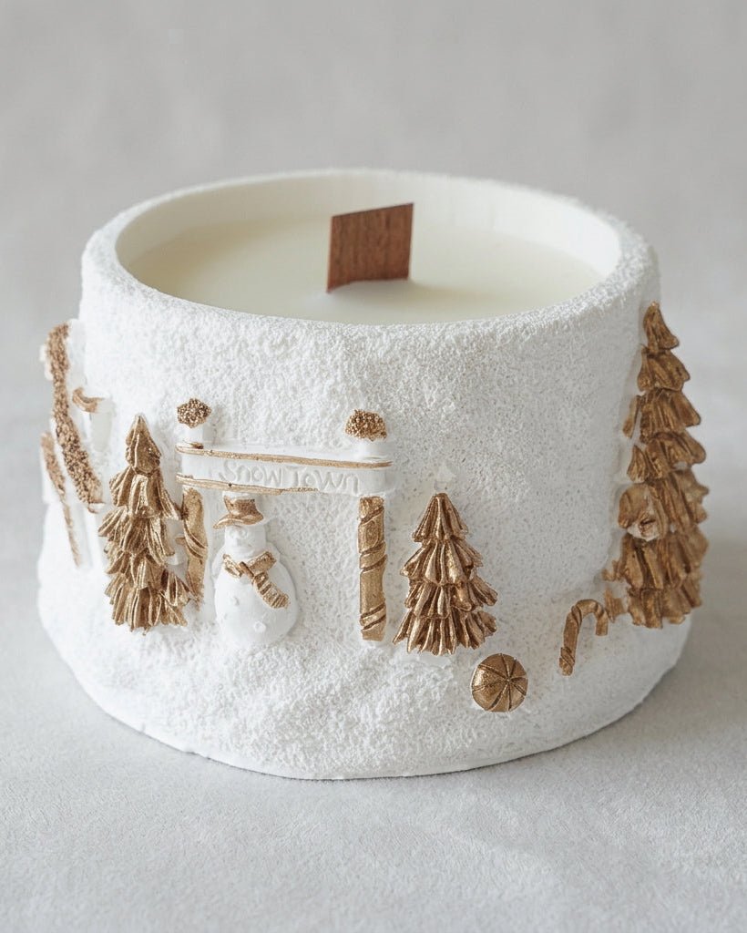 Snow Village Christmas scented candle with hand-painted gold pine trees and snowman on white