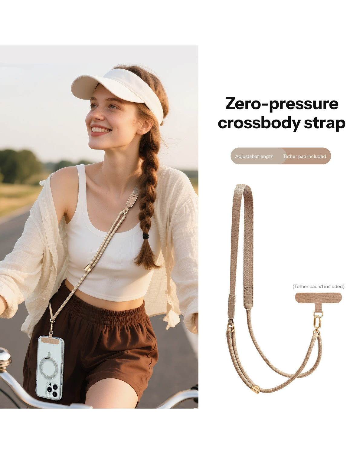 Adjustable Crossbody Phone Strap – 130cm with Flat Shoulder Pad & Tether Tab