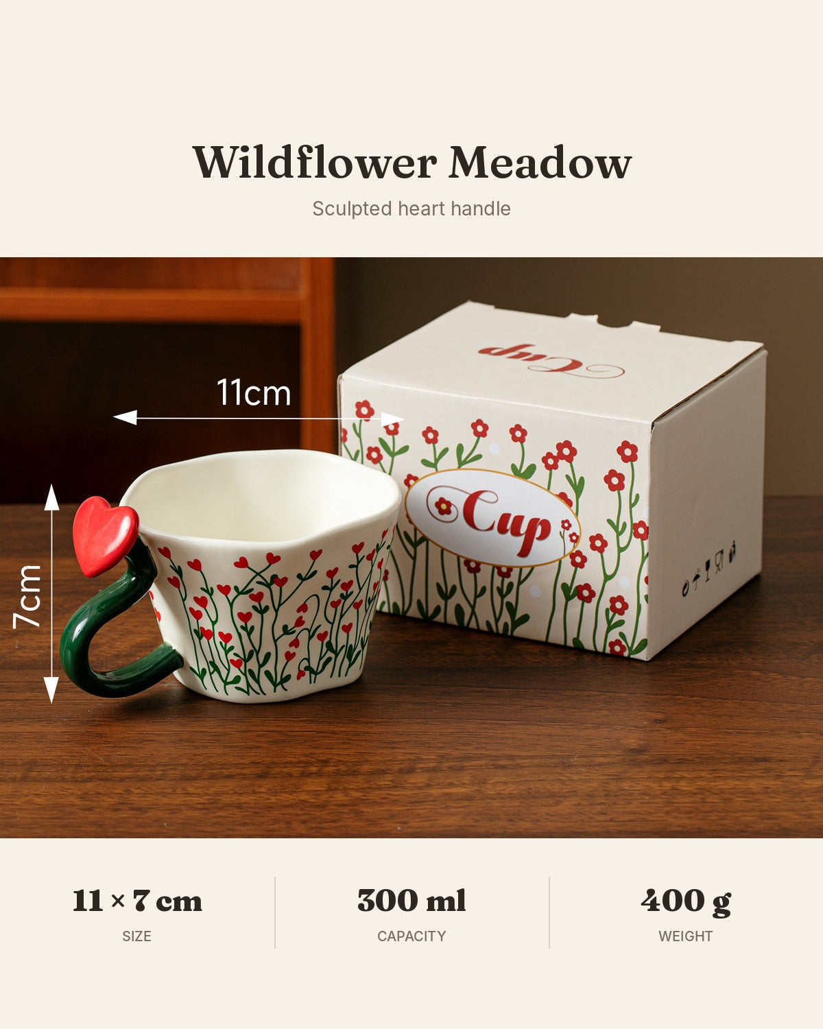 Red Blossom Ceramic Mug with Heart & Flower Handle – 300ml Gift Box