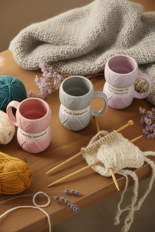 Four textured ceramic mugs in pink, blue-gray, purple, and white are arranged on a wooden table with knitting yarn, wooden knitting needles, a knitted swatch, and a cozy knitted blanket in a warm, cozy setting.