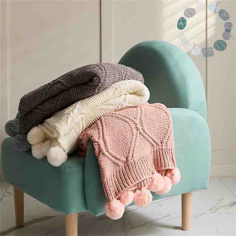 Knitted Throw Blanket with Pom Pom