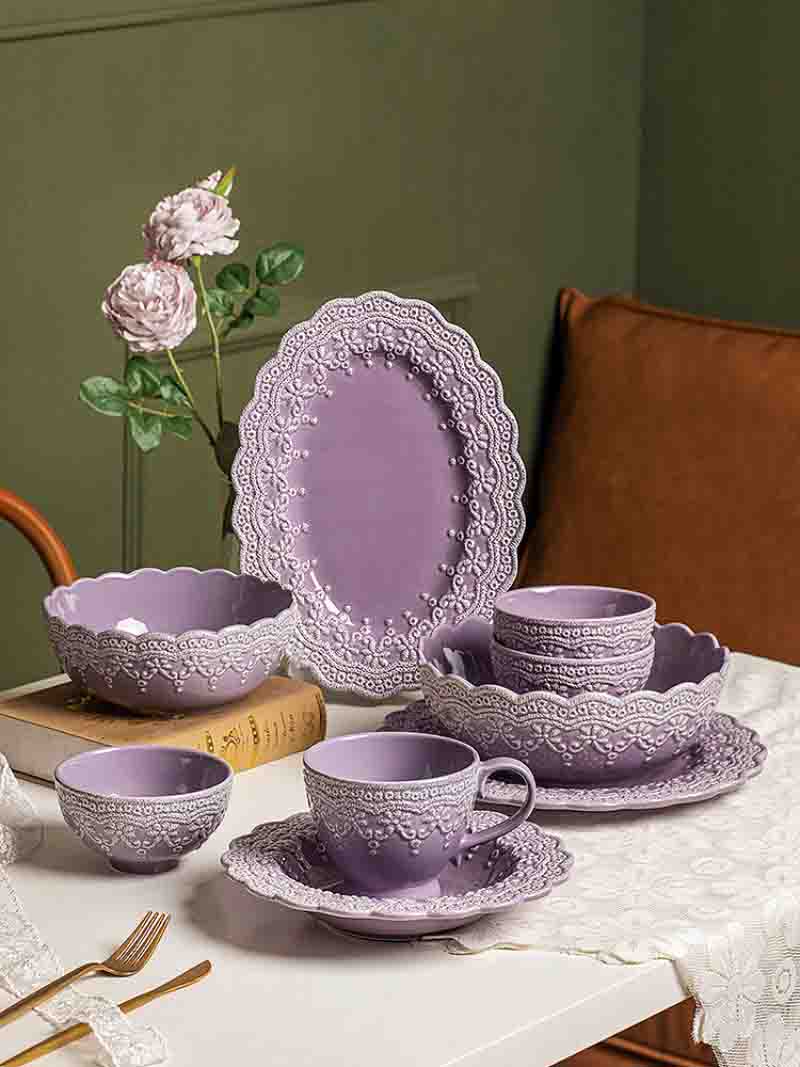 Lace Embossed Series Ceramic Dinnerware - Lilac