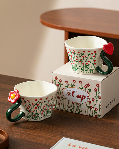 Red Blossom Ceramic Mug with Heart & Flower Handle – 300ml Gift Box