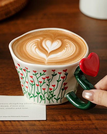 Red Blossom Ceramic Mug with Heart & Flower Handle – 300ml Gift Box