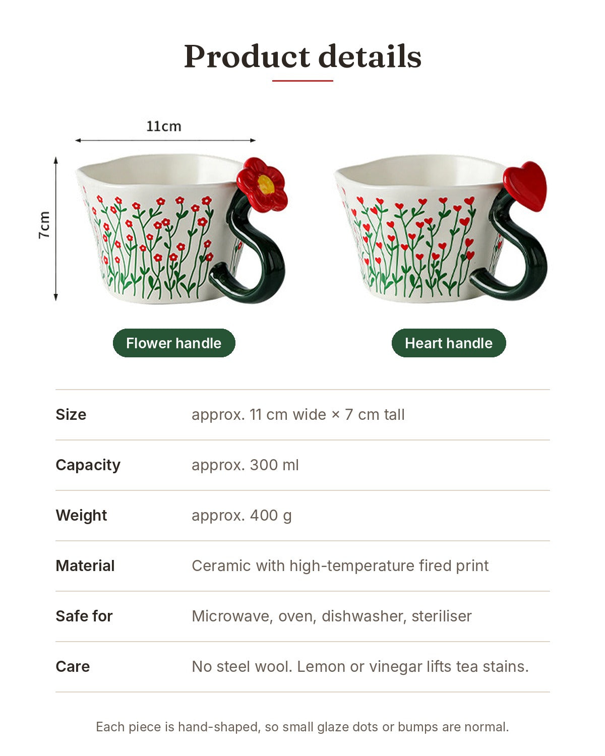 Red Blossom Ceramic Mug with Heart & Flower Handle – 300ml Gift Box