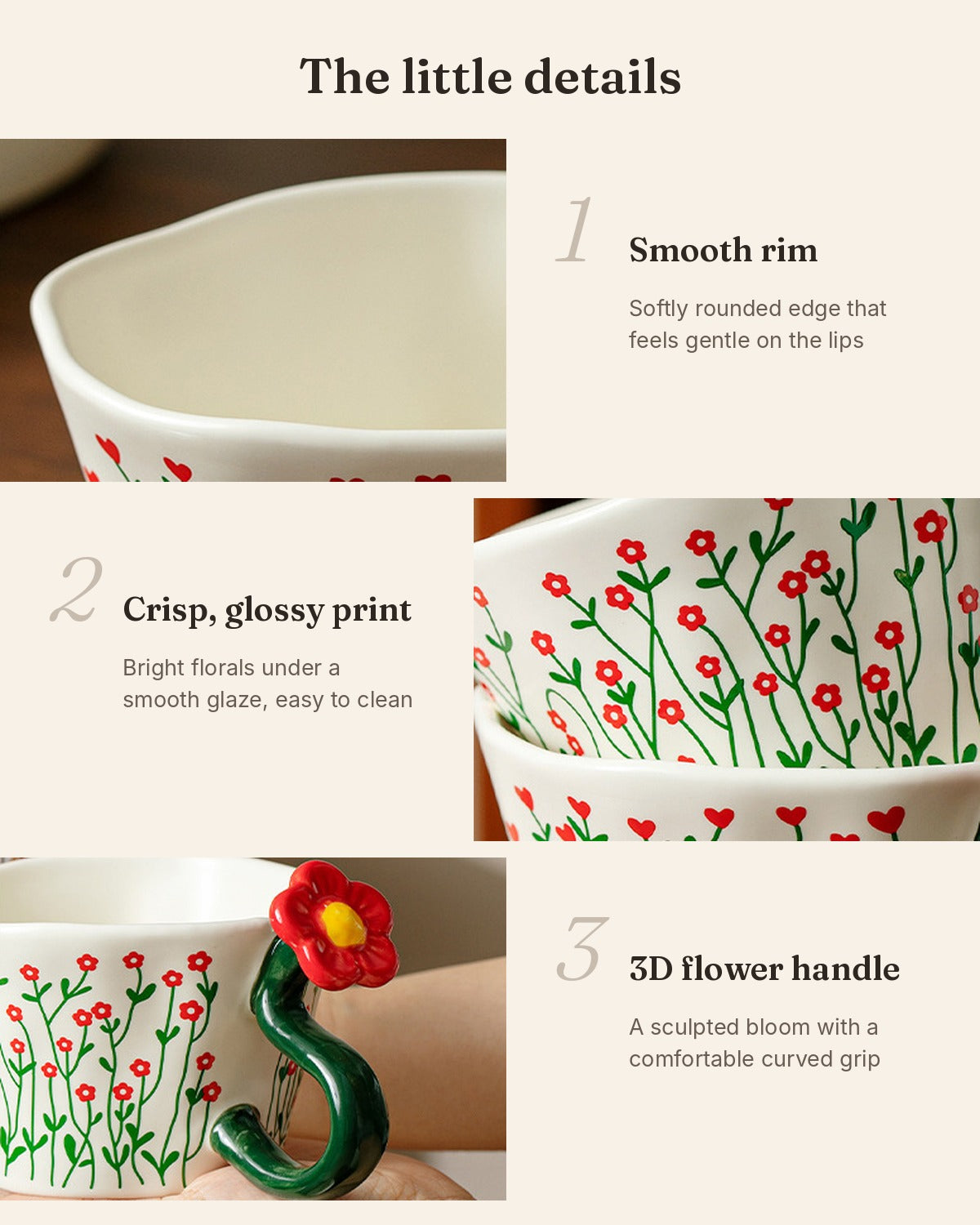 Red Blossom Ceramic Mug with Heart & Flower Handle – 300ml Gift Box