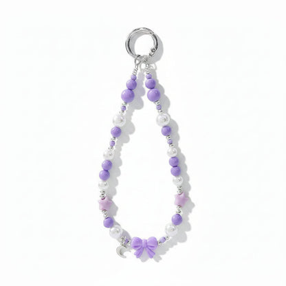 Purple beaded phone charm wristlet with bow charm and purple beads