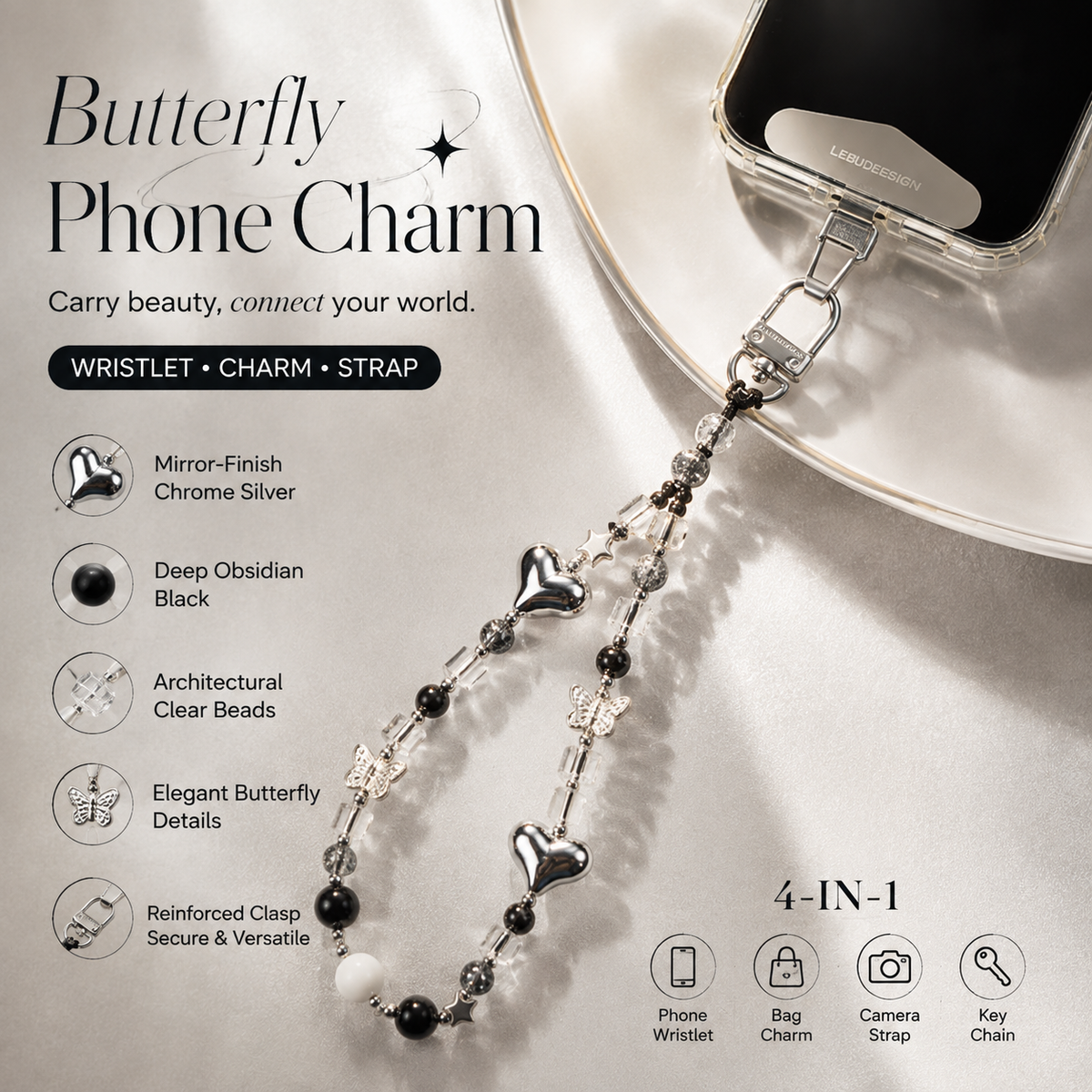 Y2K Chrome Butterfly Phone Charm Strap – Beaded Wristlet & Bag Charm