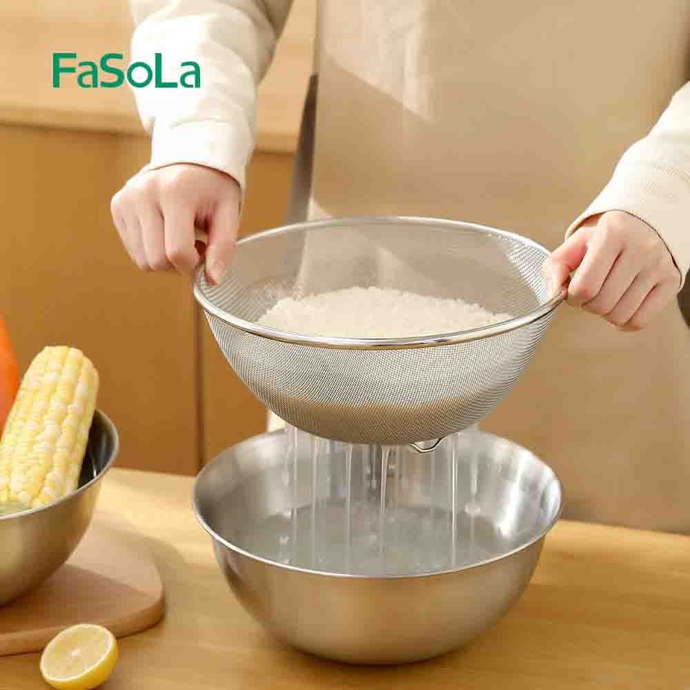 FaSoLa Stainless Steel Drain Bowl Set – Nesting Mixing Bowls with Strainer