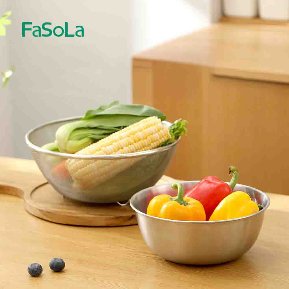 FaSoLa Stainless Steel Drain Bowl Set – Nesting Mixing Bowls with Strainer