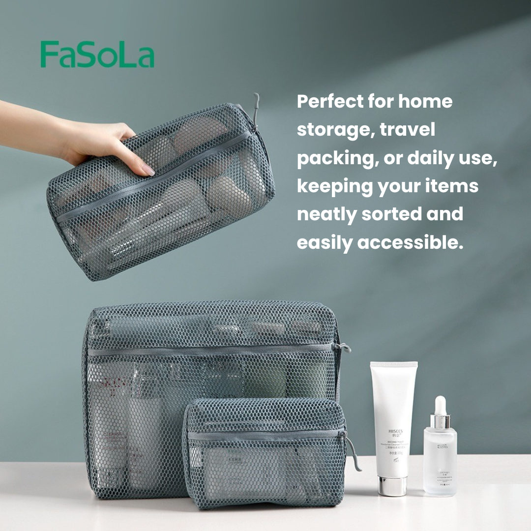 FaSoLa Mesh Storage Bag – Large-Capacity, Portable & Multi-Size Travel Cosmetic Organizer