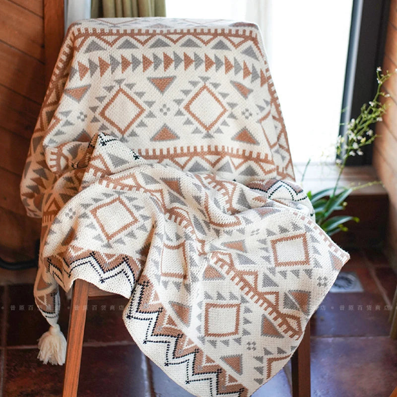 Cozy Bohemian Aztec Pattern Knit Throw Blanket
