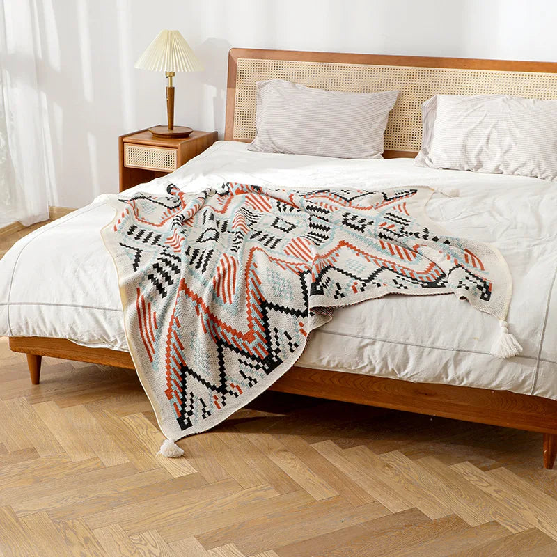 Cozy Bohemian Aztec Pattern Knit Throw Blanket