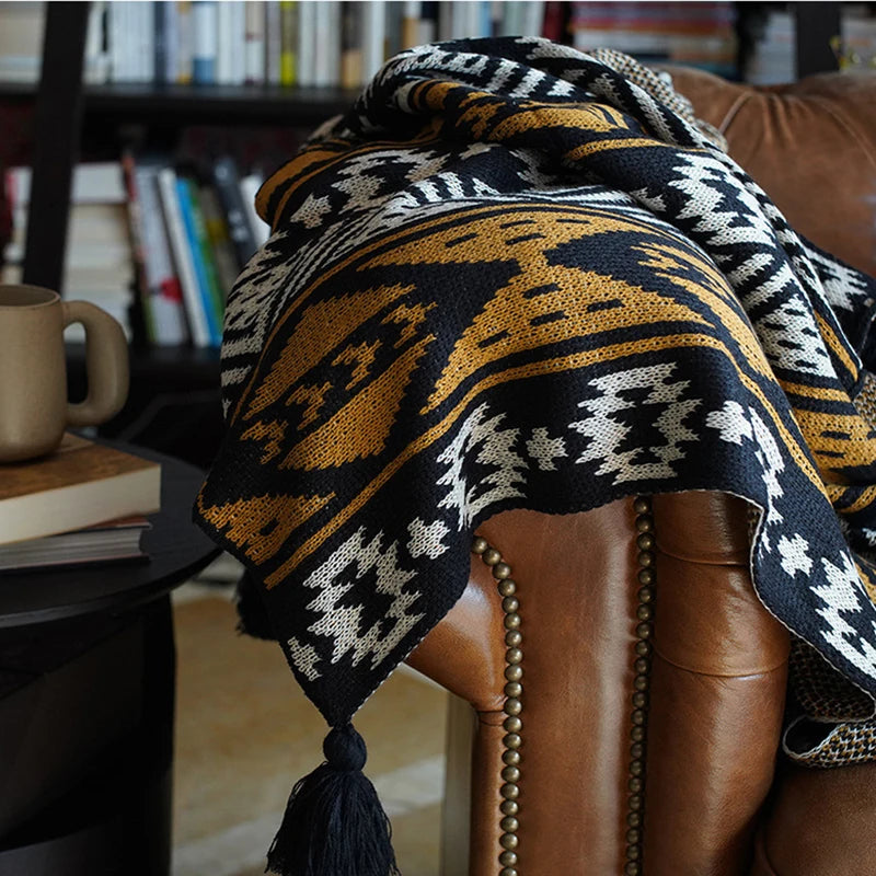 Cozy Bohemian Aztec Pattern Knit Throw Blanket