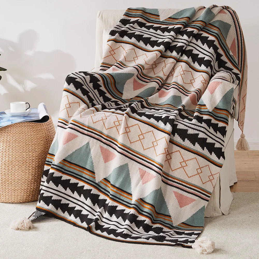 Cozy Bohemian Aztec Pattern Knit Throw Blanket