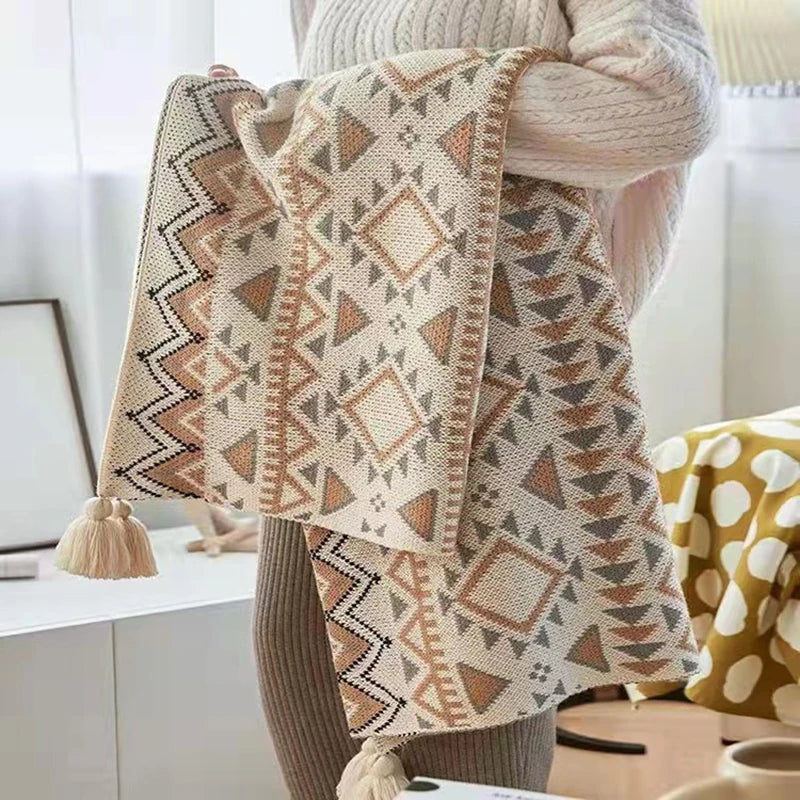 Cozy Bohemian Aztec Pattern Knit Throw Blanket