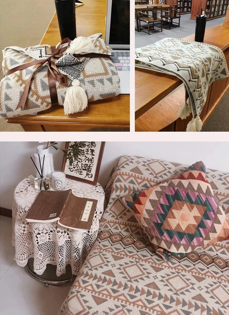 Cozy Bohemian Aztec Pattern Knit Throw Blanket