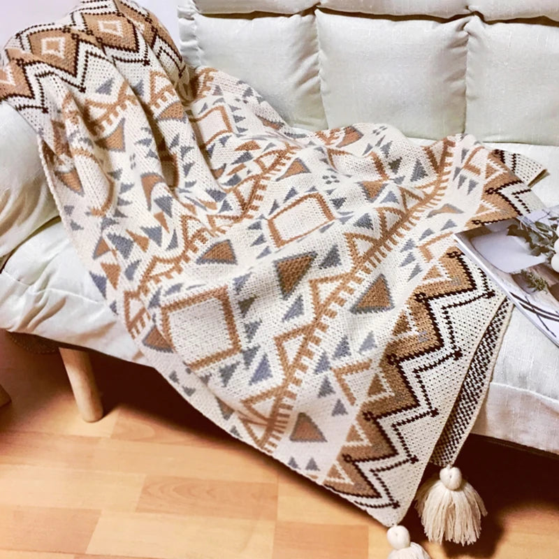 Cozy Bohemian Aztec Pattern Knit Throw Blanket
